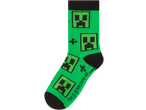 Žalios vaikiškos kojinės su juodais pikseluotais Creeper veidais iš Minecraft.
