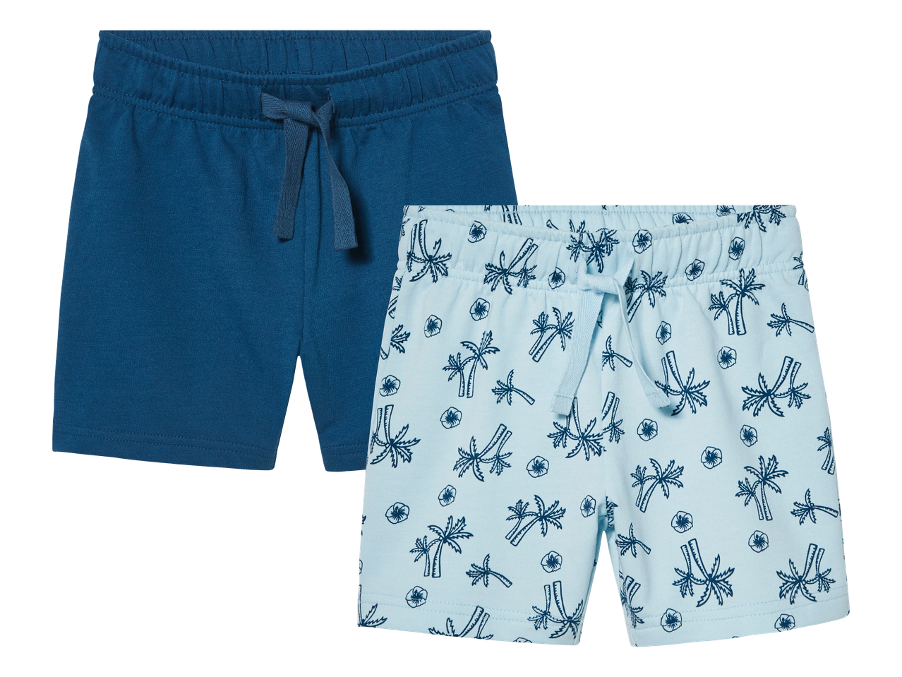 Dvoje dječjih kratkih hlača: jedne plave i jedne svijetloplave s uzorkom palmi.