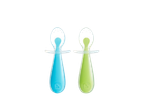 Two Munchkin feeding spoons, one blue and one green, with soft tips.