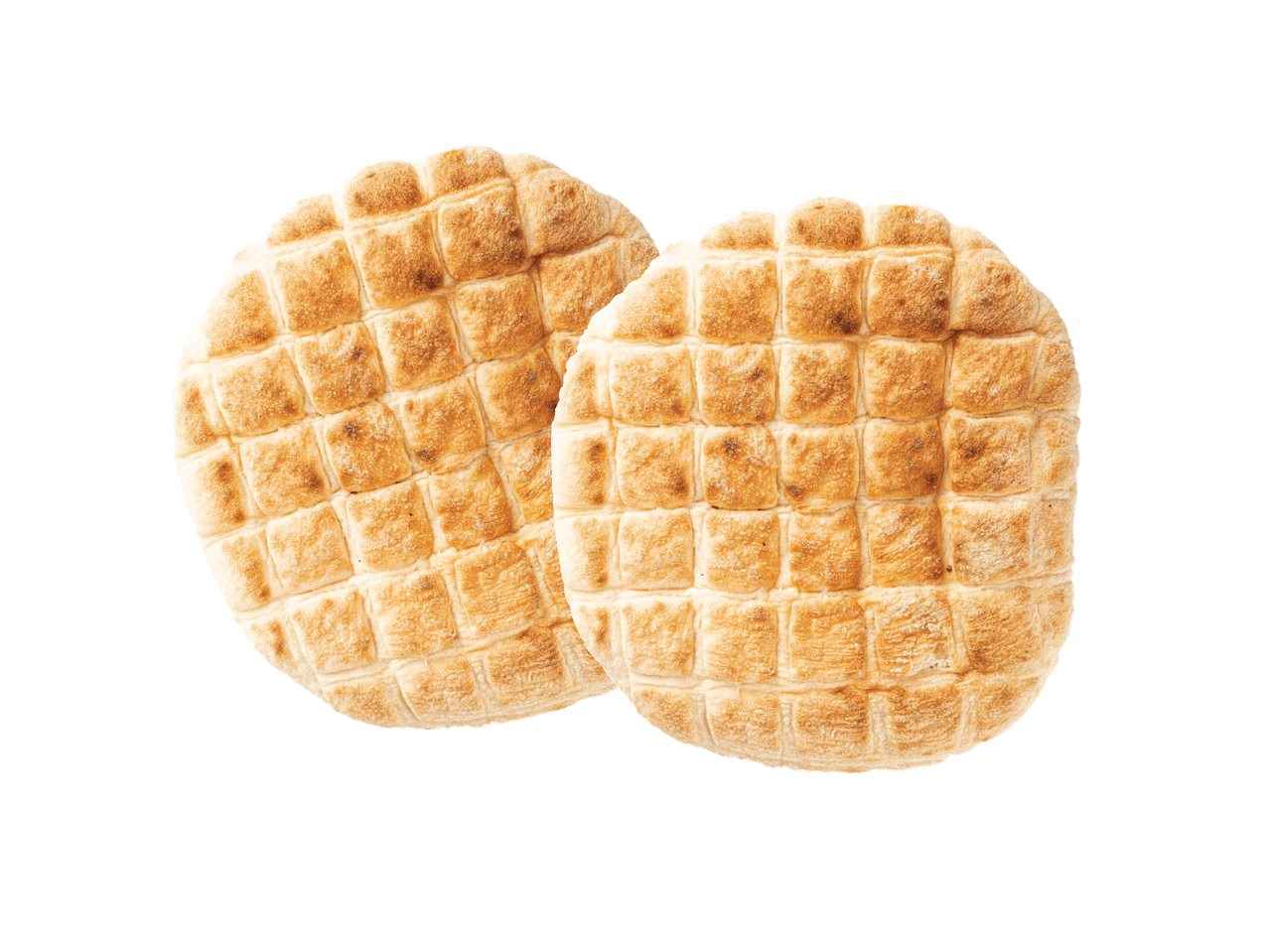 Divas apaļas plācenītes ar režģa rakstu uz melna fona.