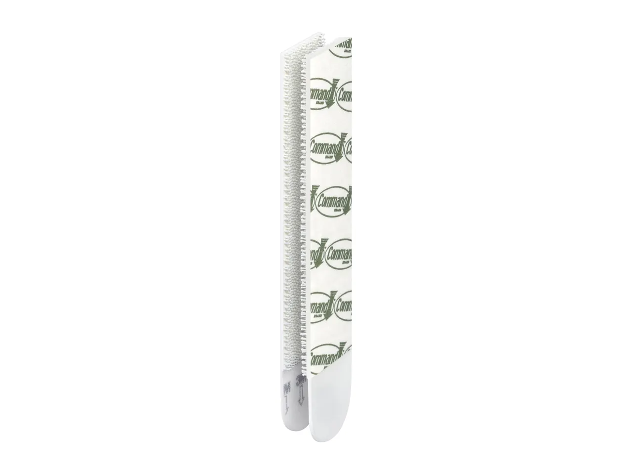 Two white double-sided adhesive strips with hook-and-loop fasteners on a white background.