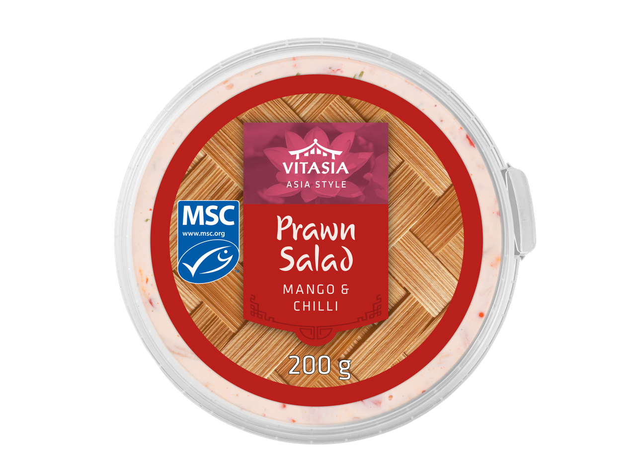 Vitasia krevečių salotos su mangais ir aitriosiomis paprikomis apvalioje pakuotėje, vaizdas iš viršaus.