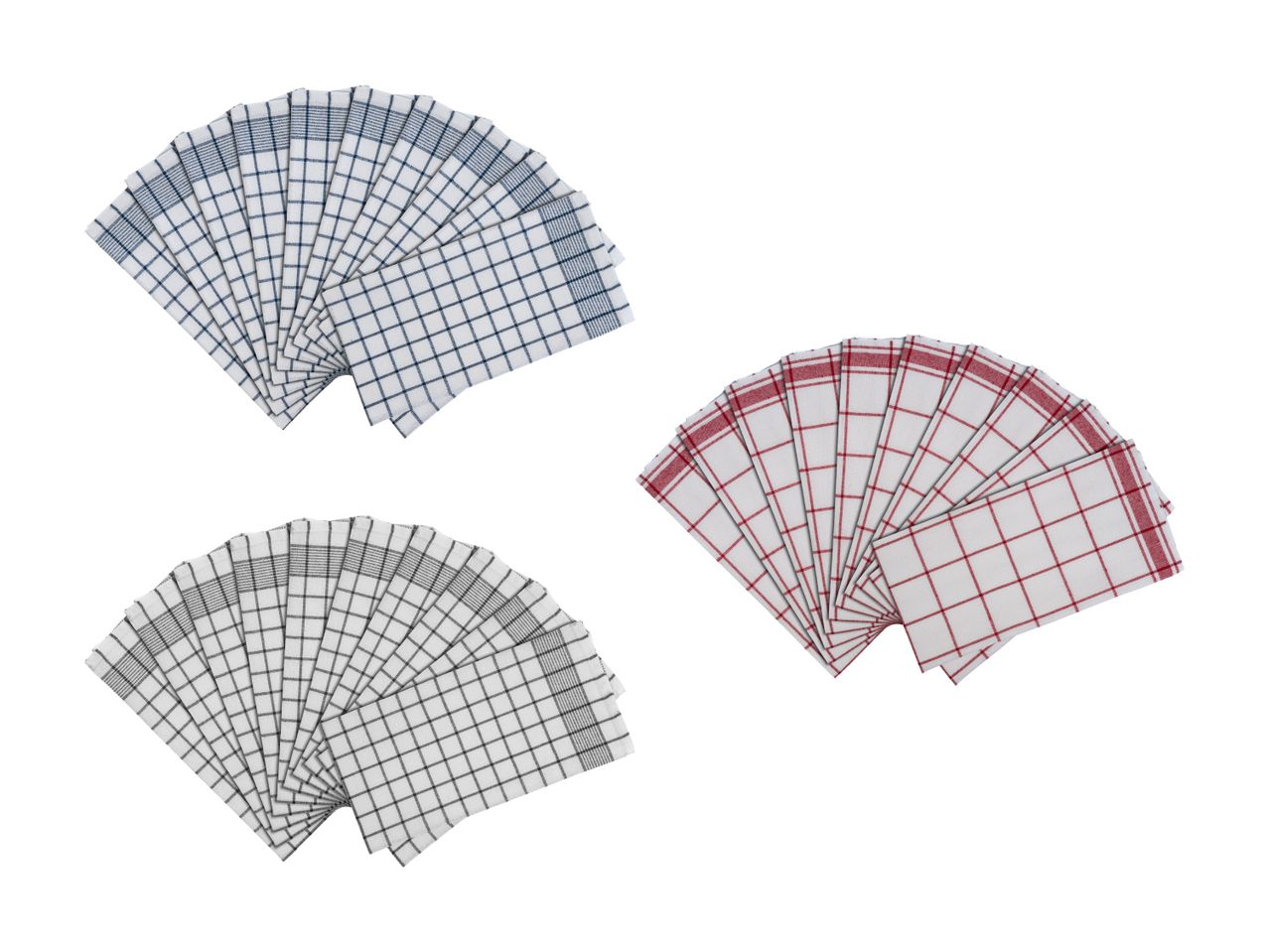 Tre mazzetti di strofinacci a quadri, blu scuro, rosso e grigio scuro.