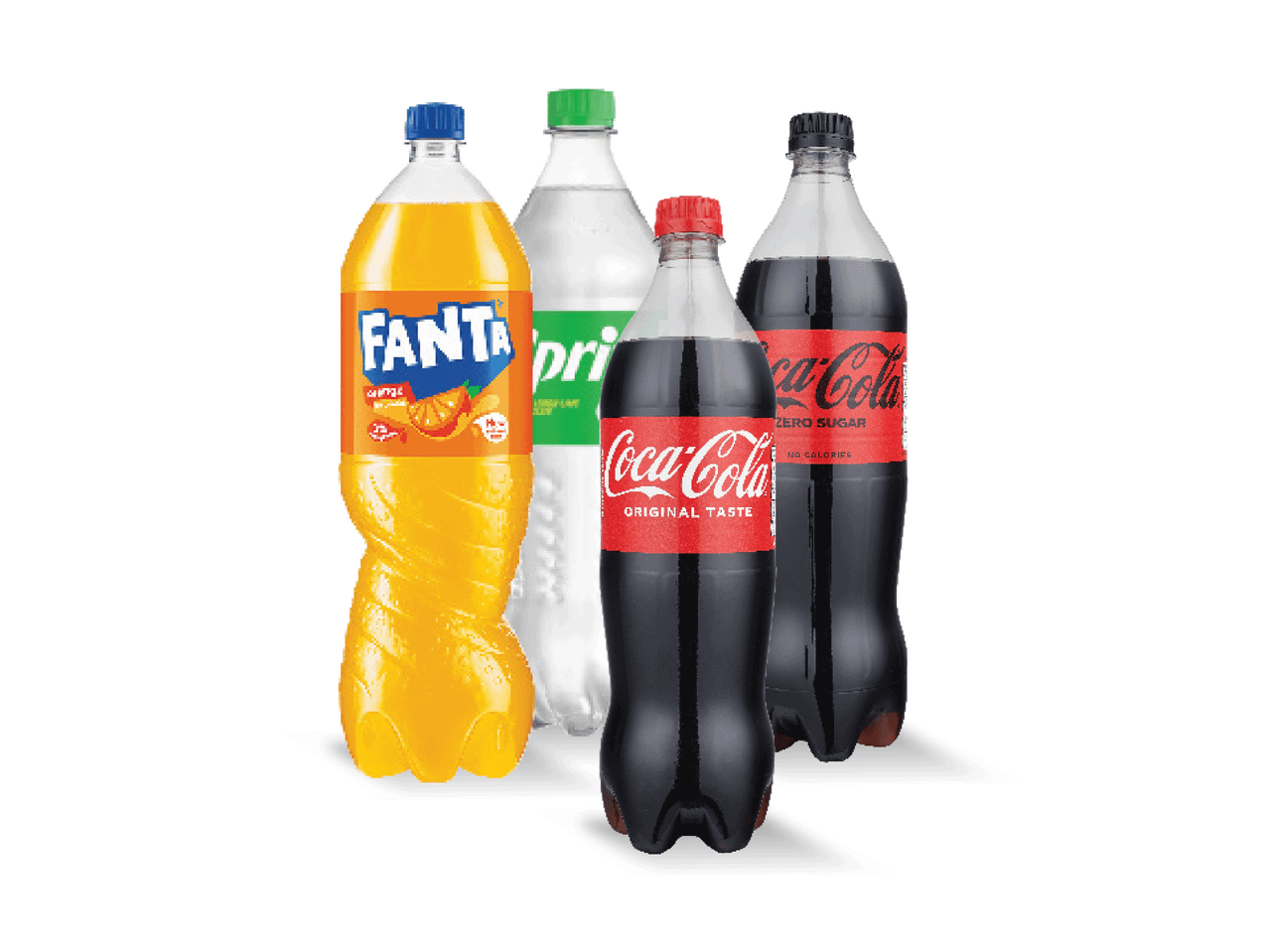 Fanta, Sprite, Coca-Cola Original Taste ir Coca-Cola Zero Sugar buteliai.