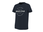 Тъмносиня тениска с бял надпис 'ON THE COAST SINCE 1973 Beach Club CALIFORNIA DINE. SOCIAL. RELAX'