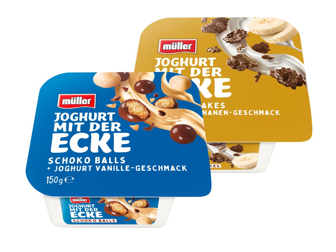 Müller Joghurt mit der Ecke: Schoko Balls und Bananen-Cakes Geschmack.