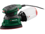 Parkside® Sander Assortment: A green and black orbital sander with a dust collection box.