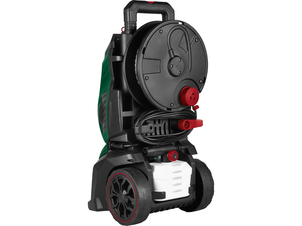 Parkside® augstspiediena mazgātājs, sānu skats ar uztītu šļūteni un mazgāšanas līdzekļa tvertni.