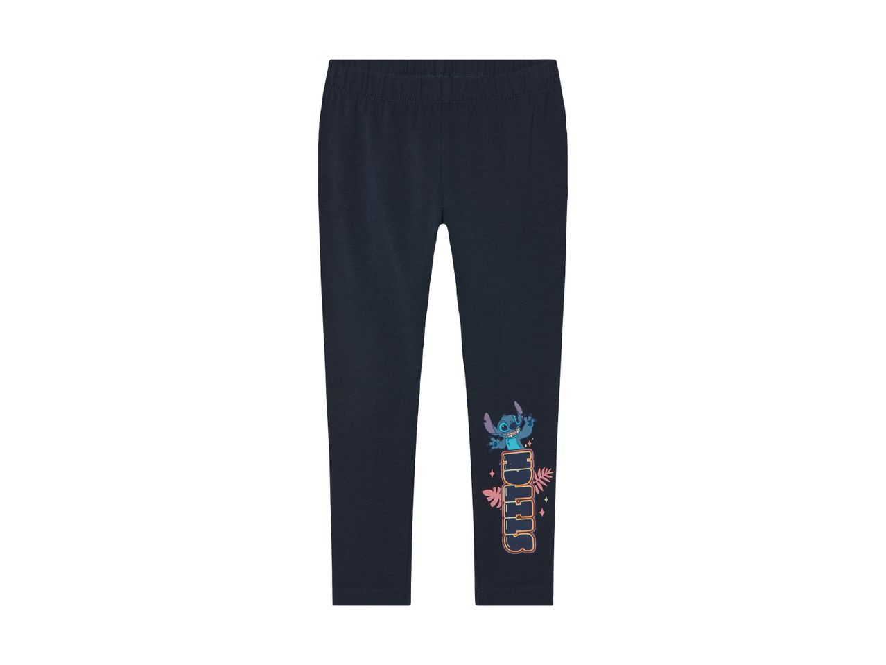 Dark blue girls' leggings with a floral design on the leg.
