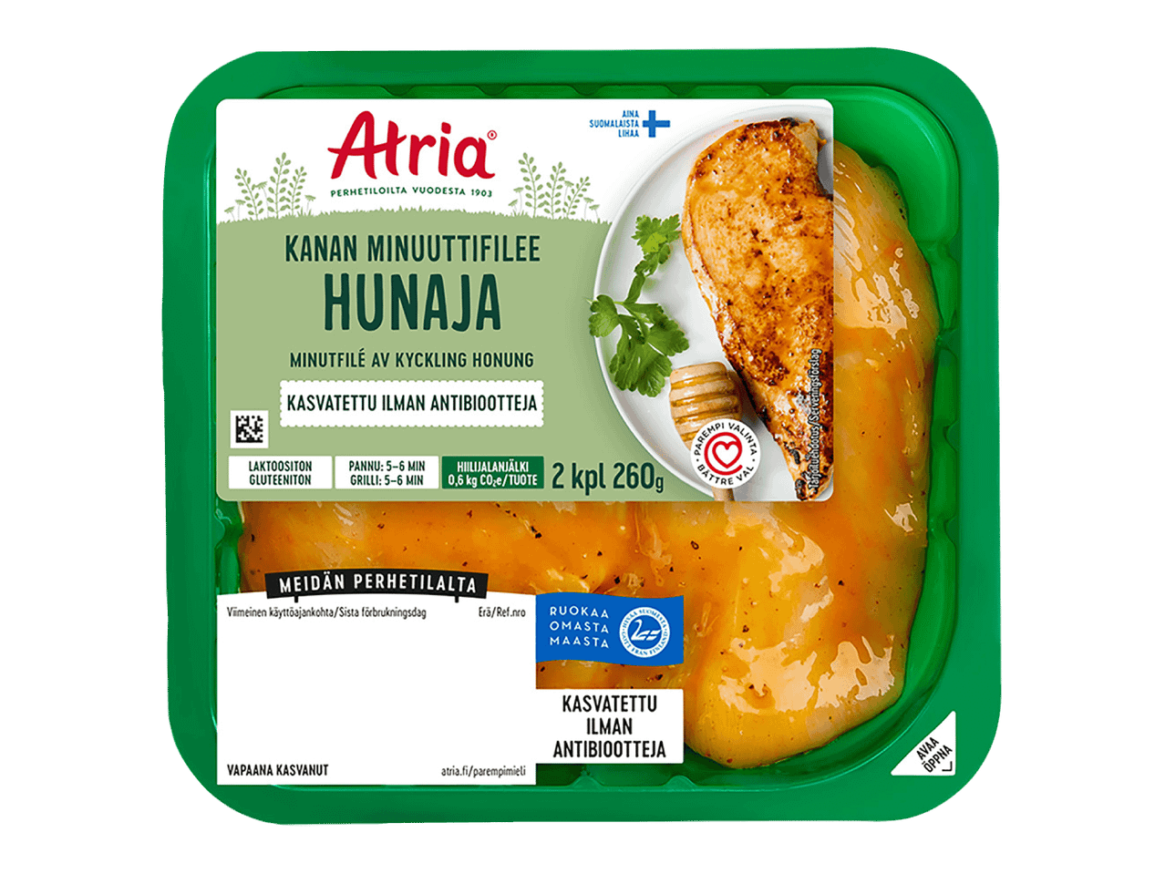 Hunajamarinoituja kanan minuuttifileitä vihreässä pakkauksessa.
