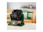 Portable fan with a battery pack on a wooden surface, with a partially painted wooden bench in the background.