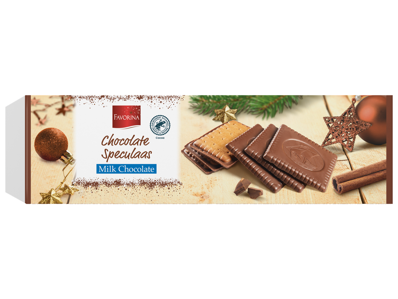 Šokoladinių spekuliacinių sausainių pakuotė su kalėdinėmis dekoracijomis.