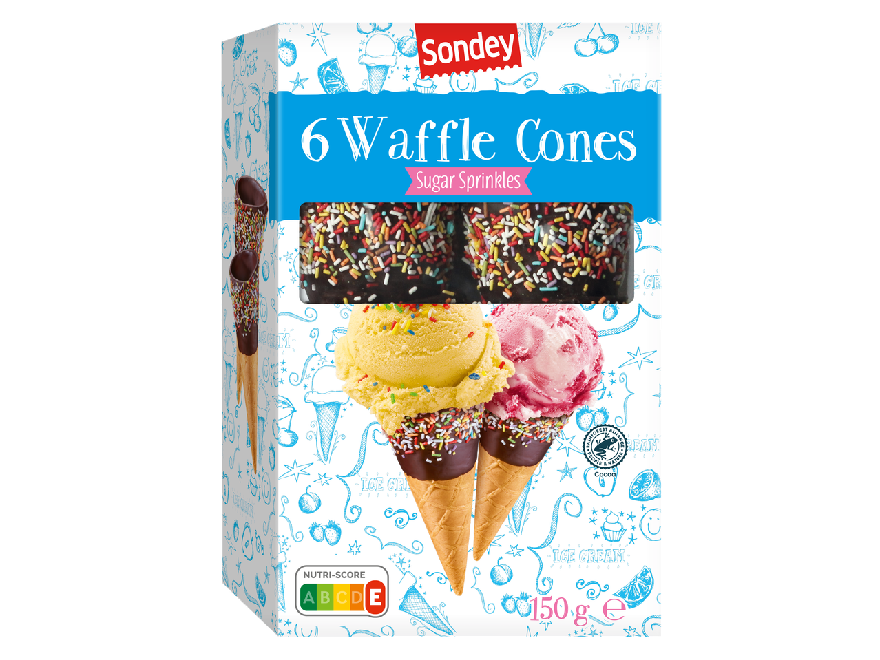 Sondey wafelhoorntjes met suikerstrooisel, Nutri-Score E, 150g verpakking.