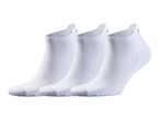 Three pairs of white ankle socks with ribbed cuffs and textured soles.