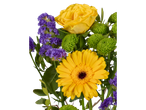 Gerberas amarelas, rosas e crisântemos verdes.