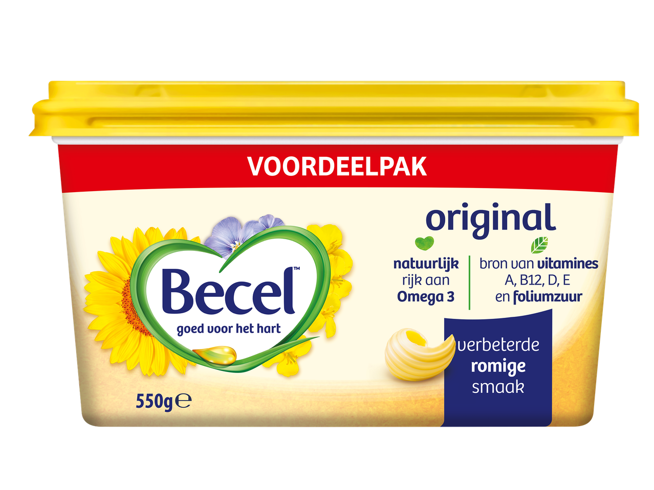 Een kuipje margarine met een geel deksel, met de tekst 'VOORDEELPAK' en 'original'.