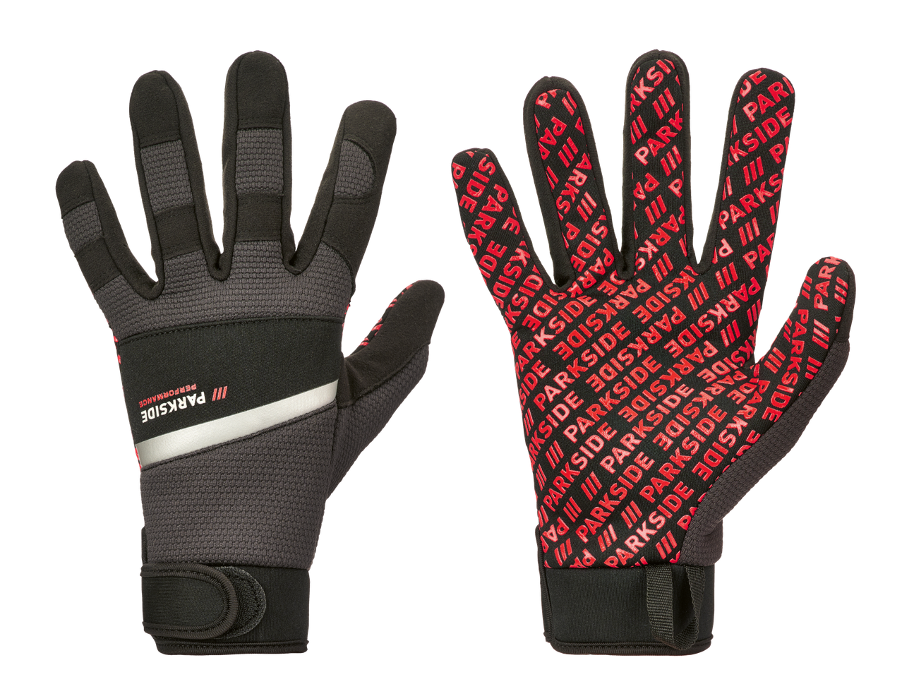 Divi melni darba cimdi ar sarkanu rakstu un baltu svītru.