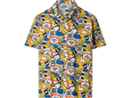 White short-sleeved shirt with a pop art pattern featuring rock hands, records, and speech bubbles.