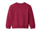 Back view of a plain red long-sleeved sweatshirt with ribbed cuffs and hem