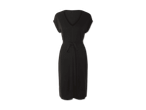 Ein schlichtes, dunkelgraues Kleid mit V-Ausschnitt.