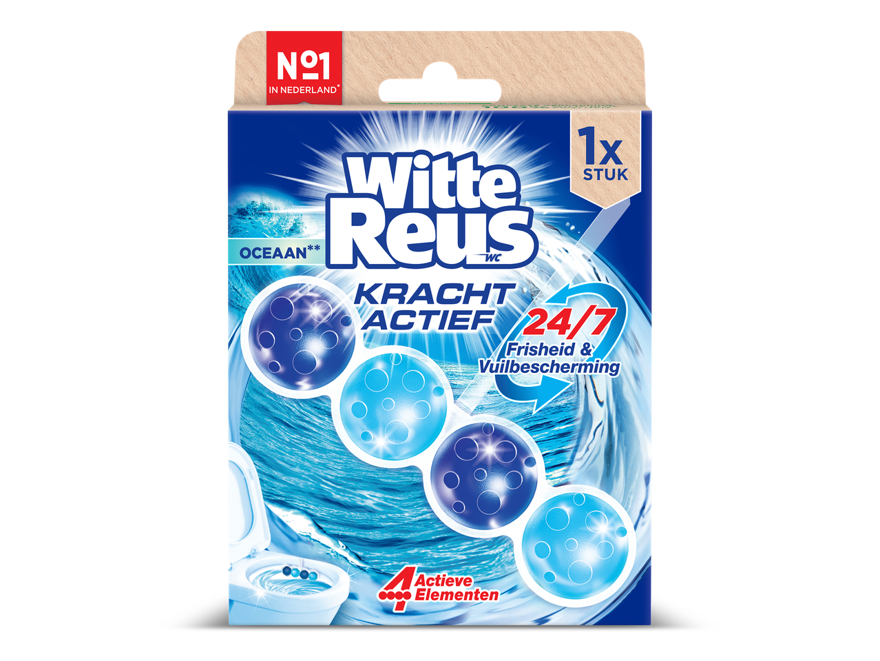 Verpakking van een toiletblok met oceaanfrisheid, 24/7 actieve frisheid en vuilbescherming.