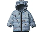 Piumino per bambini azzurro con stampa di Topolino e orecchie sul cappuccio.