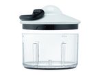 Manual food chopper with a clear container and white lid with a black pull cord