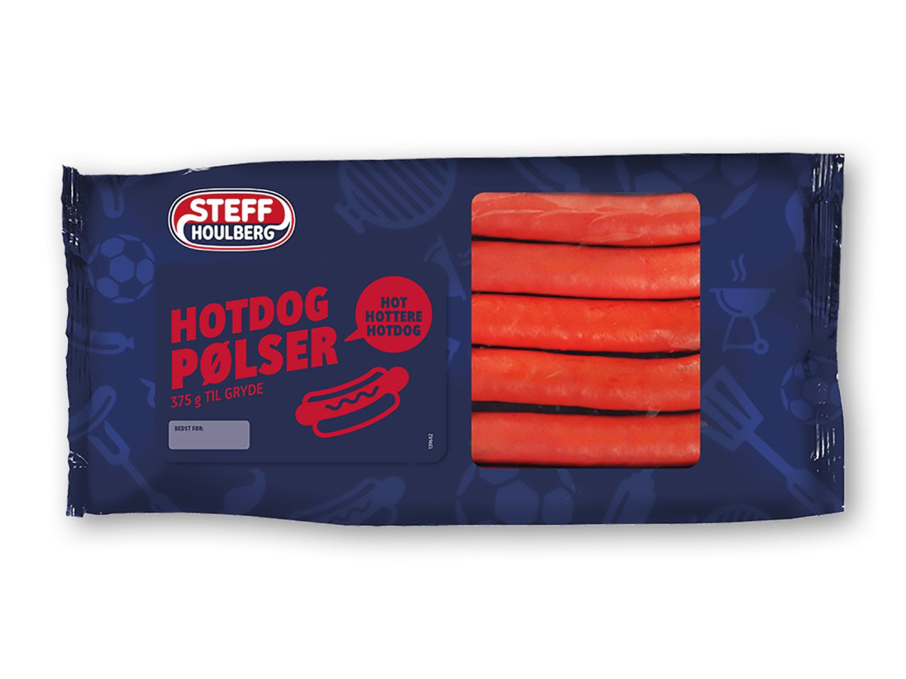 Pakke med Steg Houlberg hotdogpølser, 375g, med et vindue, der viser pølserne.