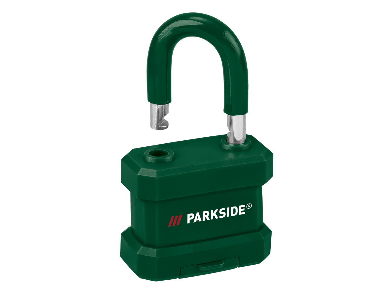 Cadeado Parkside verde aberto com manilha de metal.