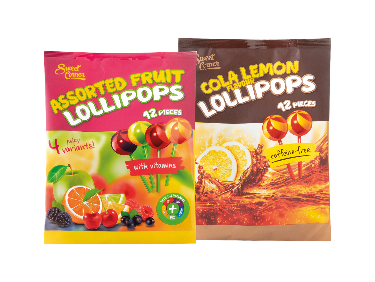 Dva pakiranja Sweet Corner lizalica: voćne lizalice s vitaminima i lizalice s okusom cola-limuna bez kofeina.