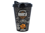 Black coffee cup with 'Coffee House' and various coffee-themed illustrations.