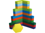 Blocuri colorate stivuite într-o formă de piramidă, cu un hexagon galben la bază.