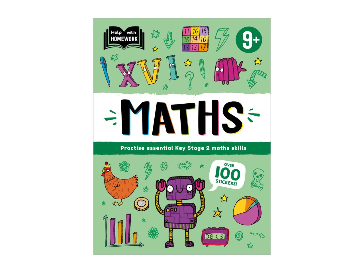 Maths workbook for 9+ year olds with over 100 stickers.