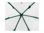Interior view of a greenhouse roof with green metal support poles and white mesh cover.