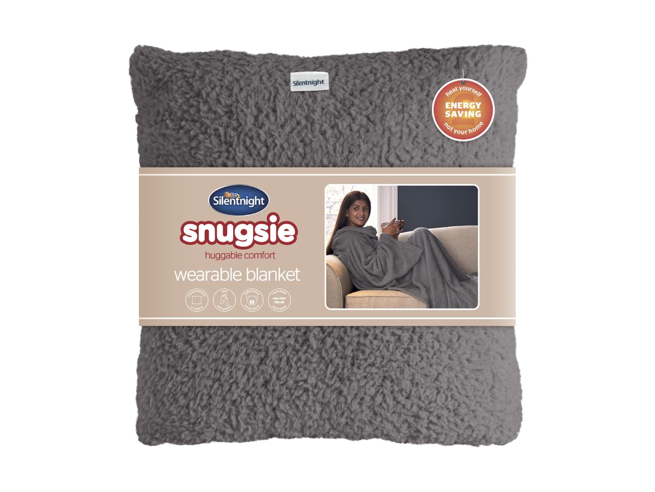 Silentnight Snugsie wearable blanket in grey, with a woman wearing it on a sofa.