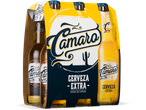 Zespack Camaro Extra Cerveza bierflesjes in een geel-zwarte doos.