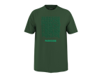 Sötétzöld póló, elöl zöld 'PARKSIDE' feliratokkal, a nyakánál méretcímkével.