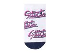 White Stitch socks with text and navy blue trim.