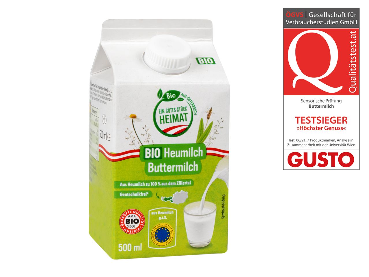 Bio Heumilch Buttermilch: 500 ml Bio-Buttermilch, ausgezeichnetes Geschmackserlebnis.
