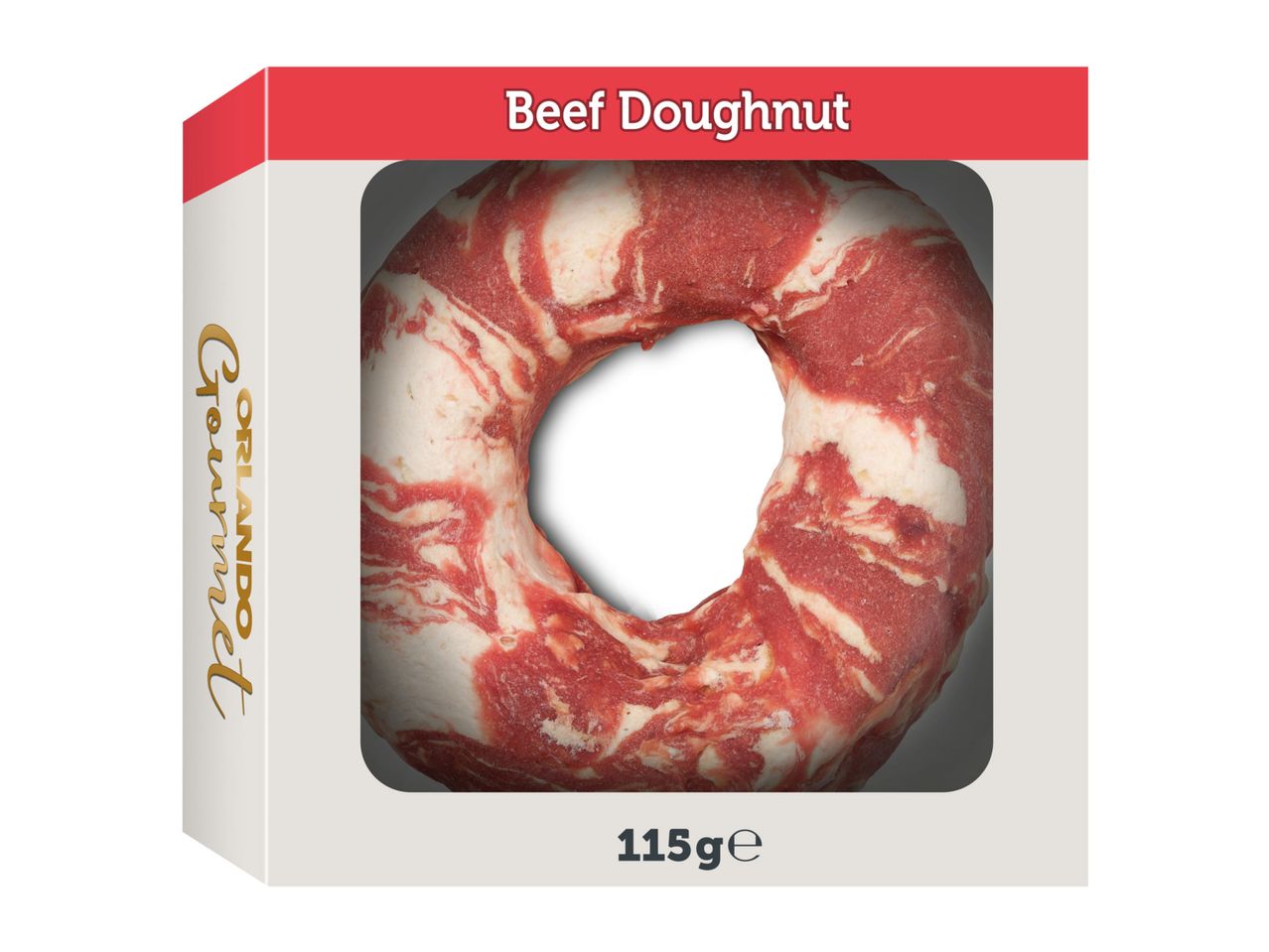Orlando Gourmet Beef Doughnut dog treat, 115g, in packaging.