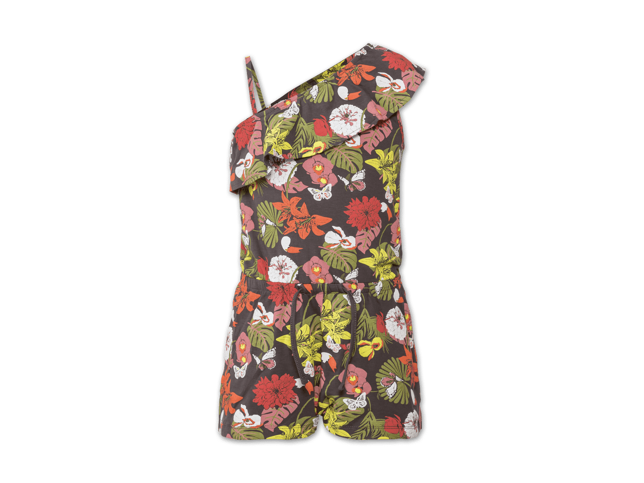 Ein dunkelgrauer Jumpsuit mit tropischem Blumendruck und Rüschen am Ausschnitt.