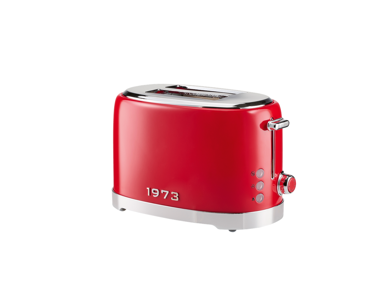 A red SILVERCREST® 2-slice toaster with '1973' embossed on its side.