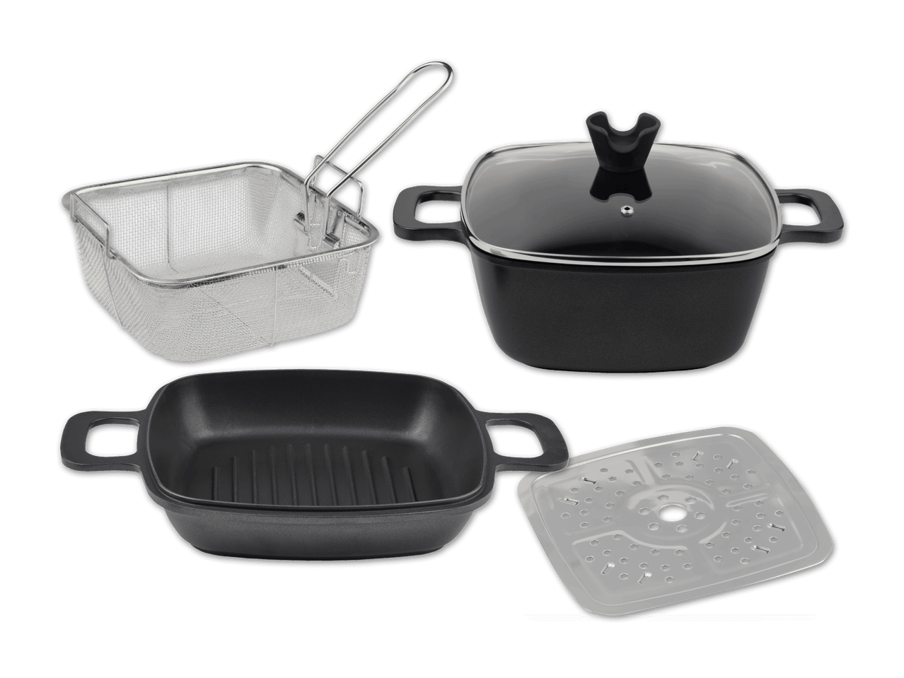 Kochgeschirr-Set mit Fritteusenkorb, Topf mit Deckel, Grillpfanne und Dampfeinsatz.