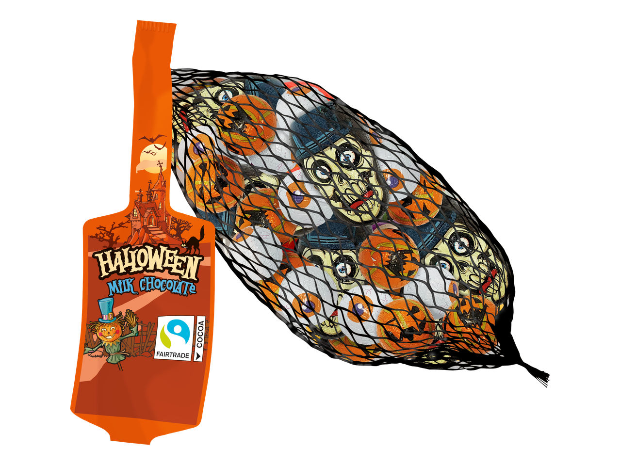 Halloween milk chocolate in a mesh bag with pumpkins and skulls
