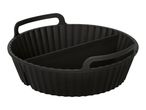Black silicone air fryer basket with a divider and handles.