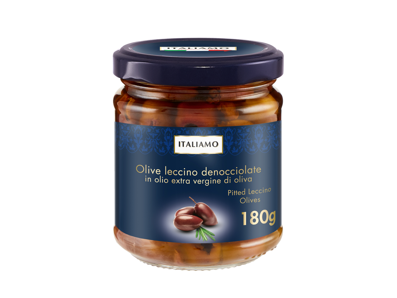 Italiano ontpitte Leccino olijven in extra vierge olijfolie, 180g.
