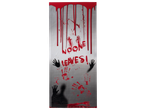 Halloween door decoration with dripping blood, handprints, and the text 'NO ONE LEAVES!'