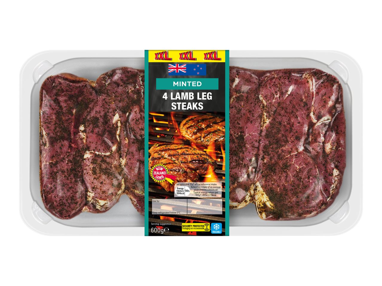 XXL Minted 4 Lamb Leg Steaks, 600g, with New Zealand Lamb label and nutritional info.