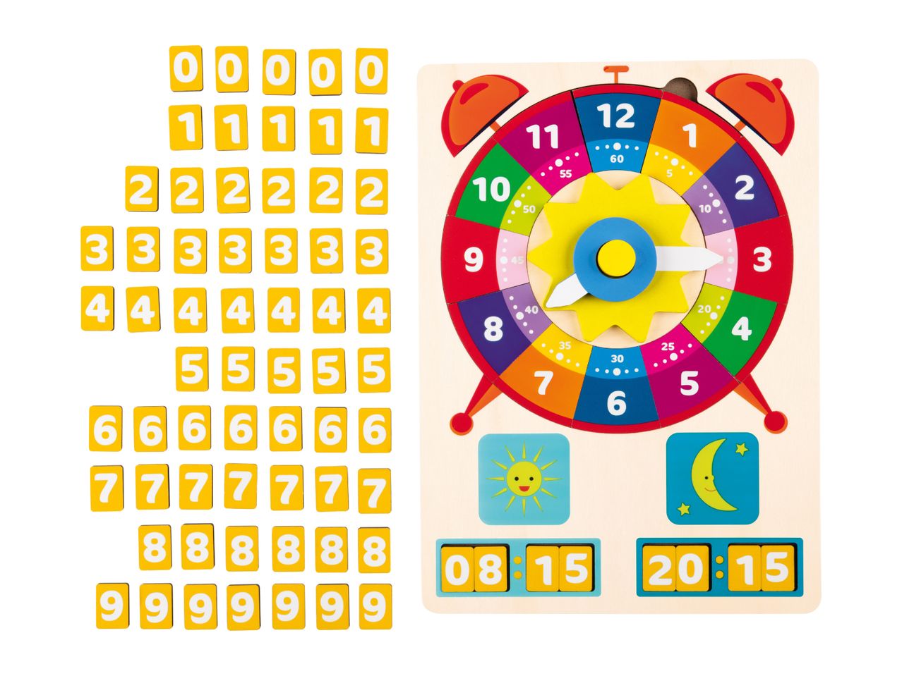 A wooden clock puzzle with number tiles and digital time displays.
