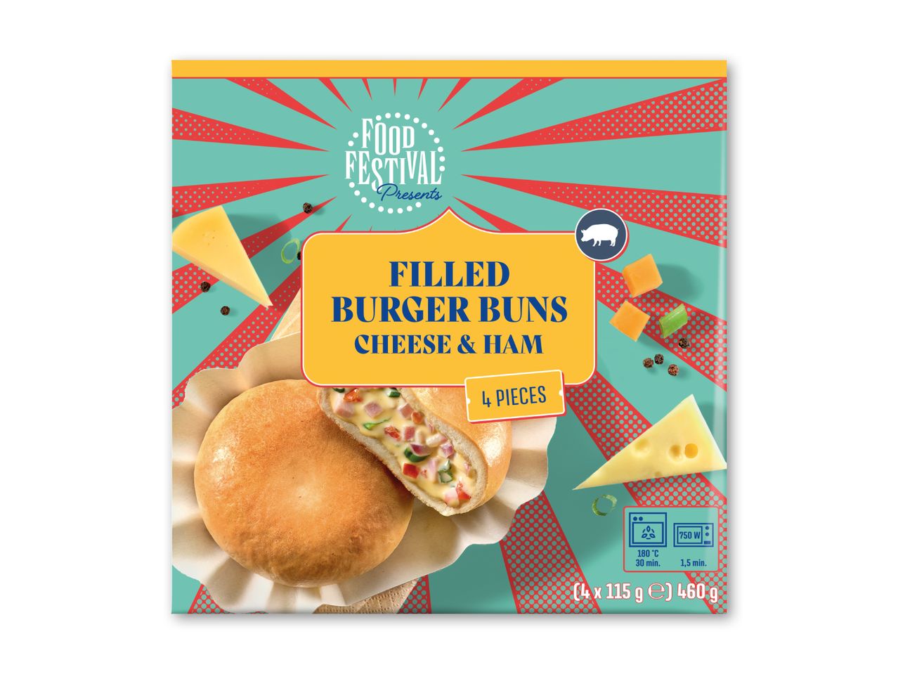 Pakke med fyldte burgerboller med ost og skinke, 4 stk., med tilberedningsinstruktioner.